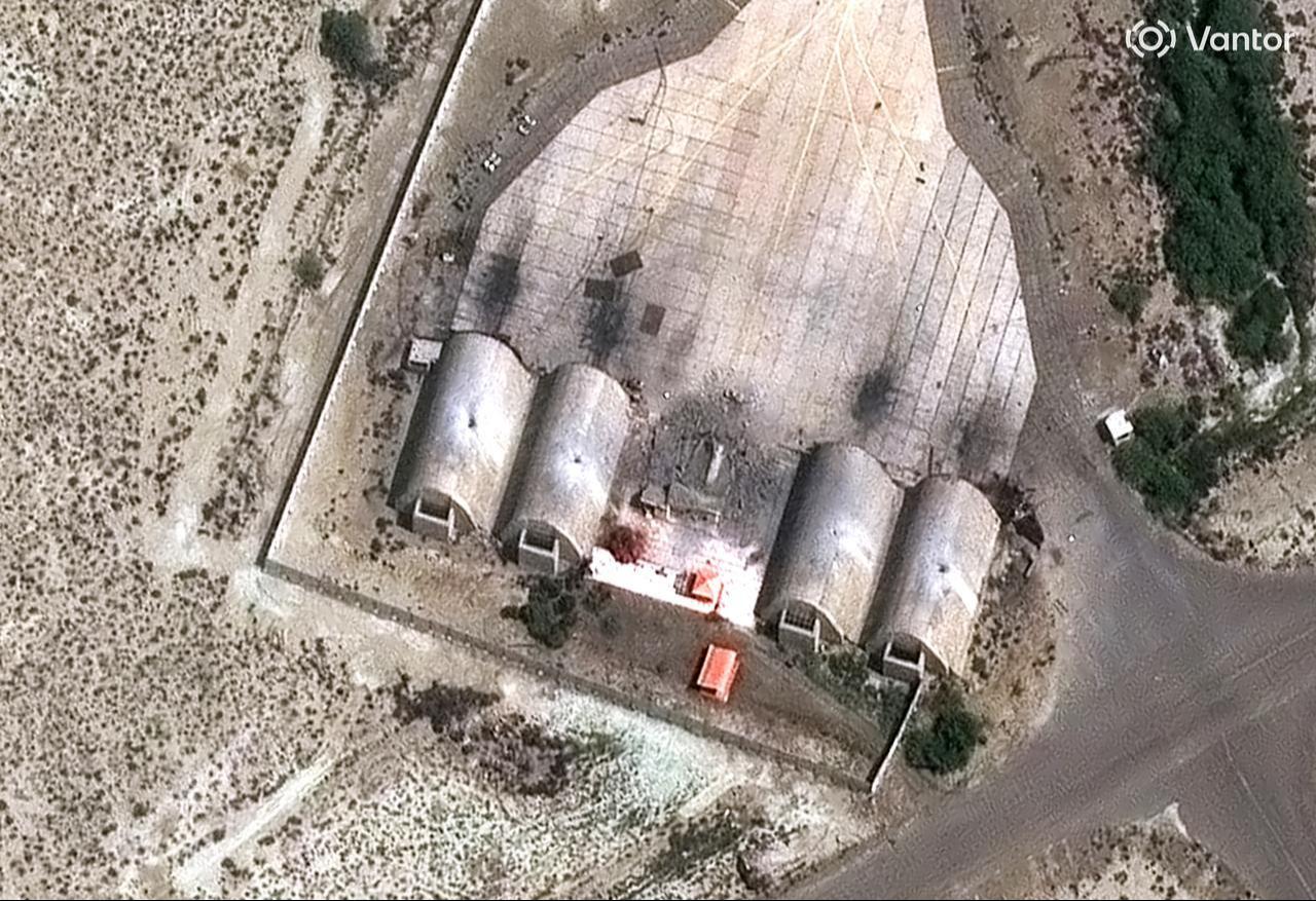 This handout satellite image courtesy of Vantor taken and released on March 1, 2026 shows a closer view of precision strikes on aircraft shelters at Konarak Naval Base in southern Iran along the Gulf of Oman. (Photo by Satellite image ©2026 Vantor/AFP)