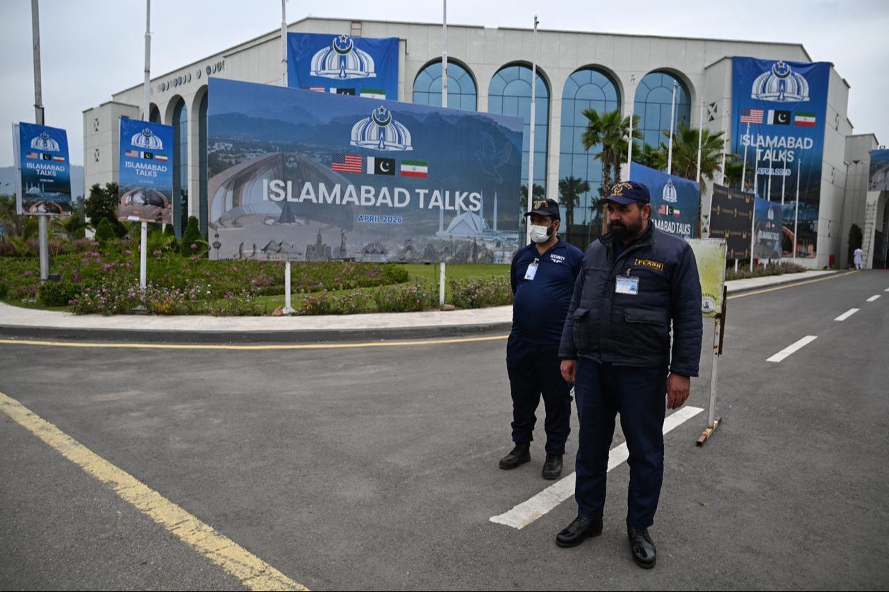 Private security personnel stand at the media centre ahead of US–Iran peace talks in Islamabad, Pakistan on April 11, 2026. (AFP Photo)