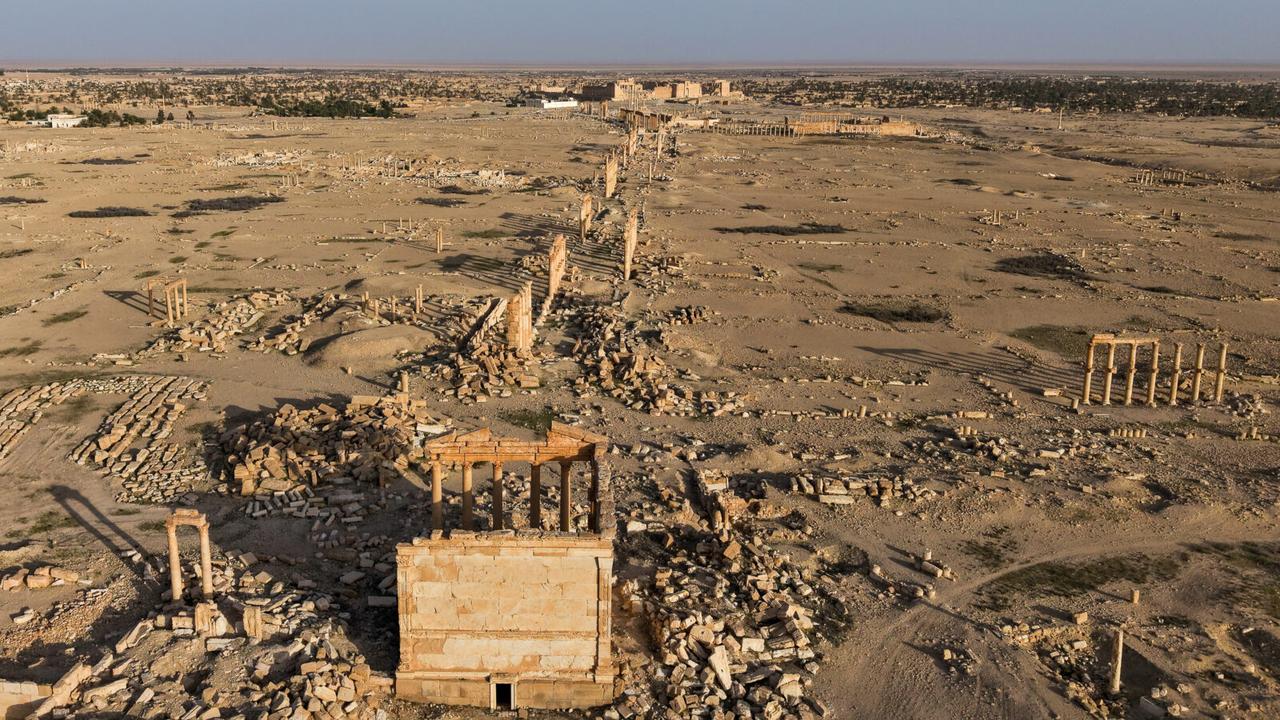 An aerial view of as ruins of the Palmyra, an ancient city, which was listed as a World Heritage Site by UNESCO in 1980 and destroyed by the terrorist organization Daesh in 2015, are seen in Homs Governorate, Syria, April 4, 2025. (AA Photo)