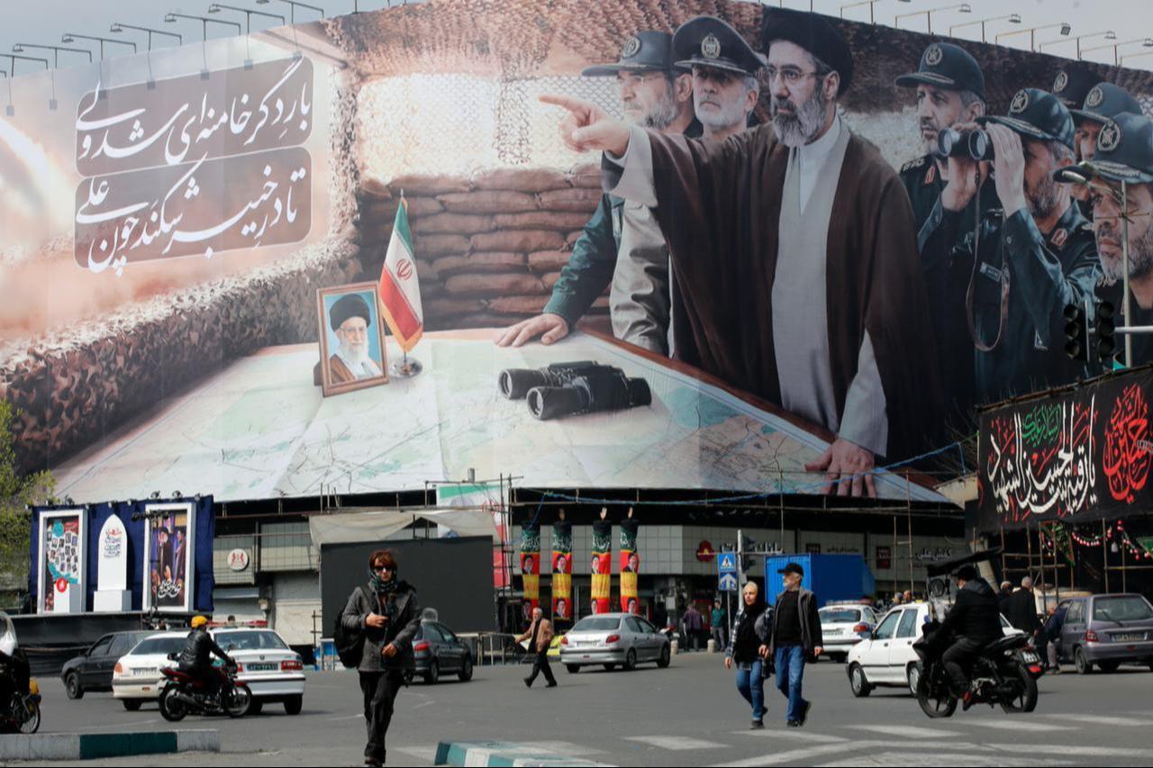 A view of a banner featuring Iran’s new Supreme Leader, Mojtaba Khamenei, and senior commanders of the Islamic Revolutionary Guard Corps (IRGC), in Iran, on March 14, 2026. (AA Photo)