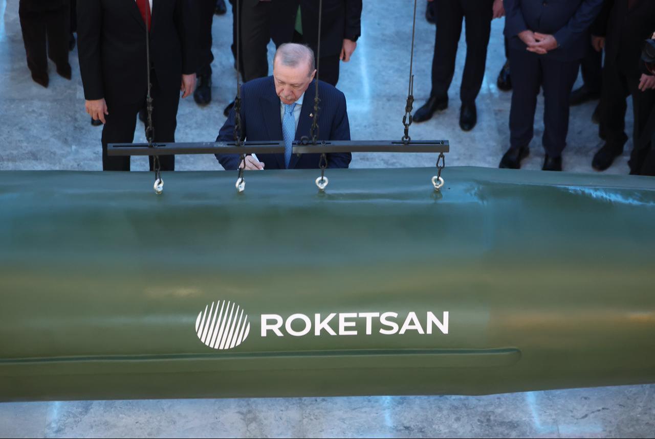 President Erdogan signs the Block-4 missile during the Roketsan Production Facilities opening, Mass Production Deliveries and Groundbreaking ceremony on April 7, 2026, in Ankara. (Photo via Turkish Presidency/Mustafa Kamaci)