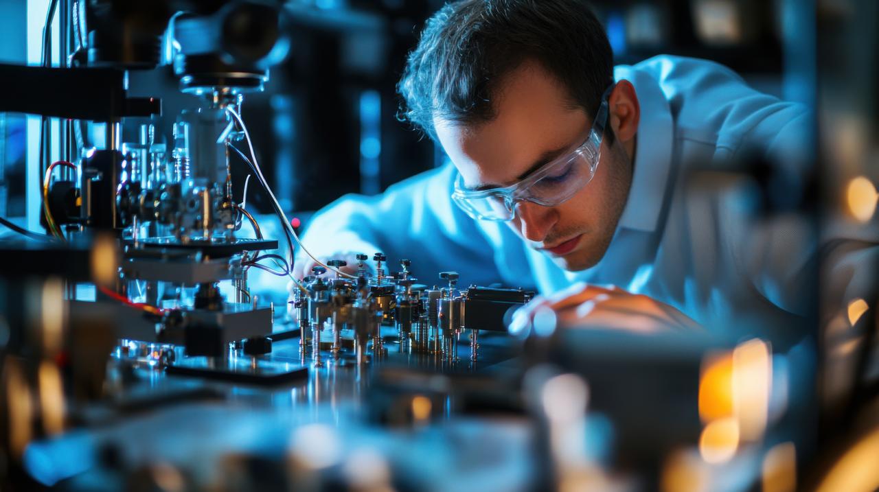 A researcher works on quantum computing equipment at a laboratory in an AI-generated illustration. (Adobe Stock Photo)