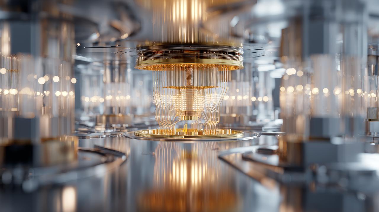 An illustration shows the interior of a quantum computer facility with gold and glass components. (Adobe Stock Photo)
