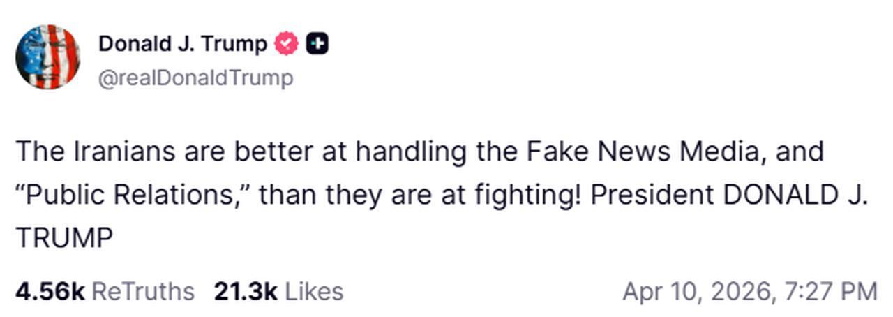 US President Donald Trump's post on Truth Social on April 10, 2026. (Photo via Truth Social)