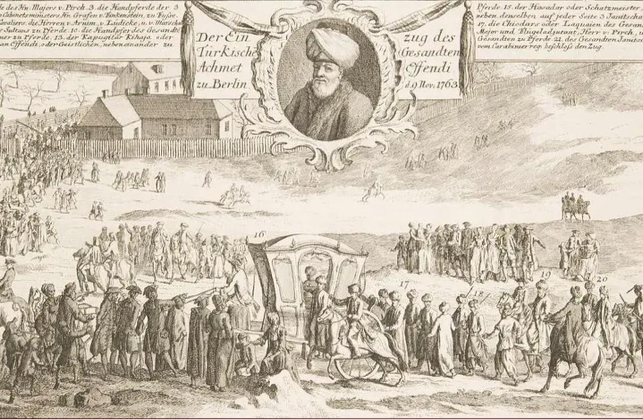 An engraving depicting Ottoman envoy Ahmed Resmi Efendi’s diplomatic visit to Prussia in the 18th century. (Image via Türkiye daily)