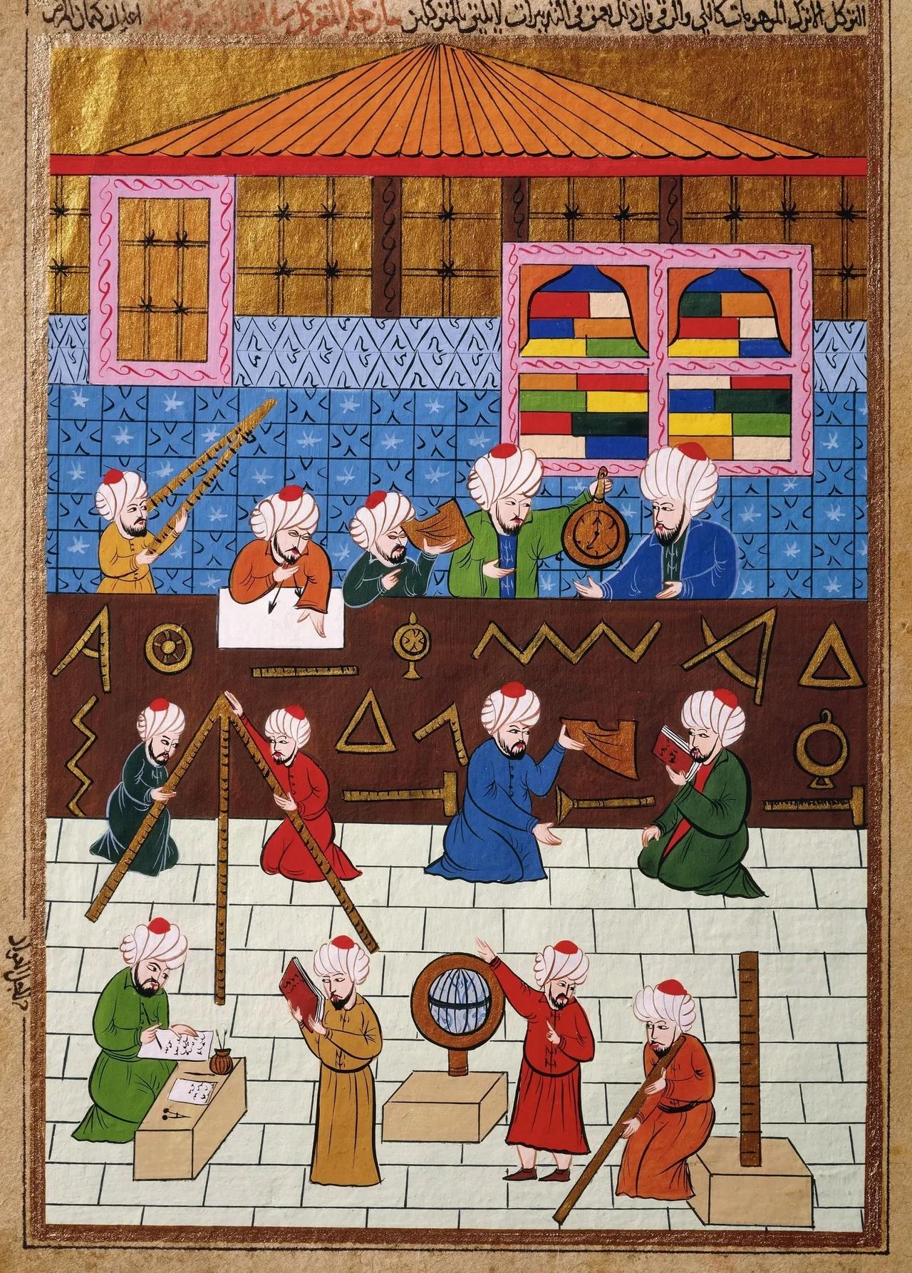 An Ottoman-era illustration depicting scholars studying astronomy and geometry with scientific instruments. (Image via Türkiye daily)