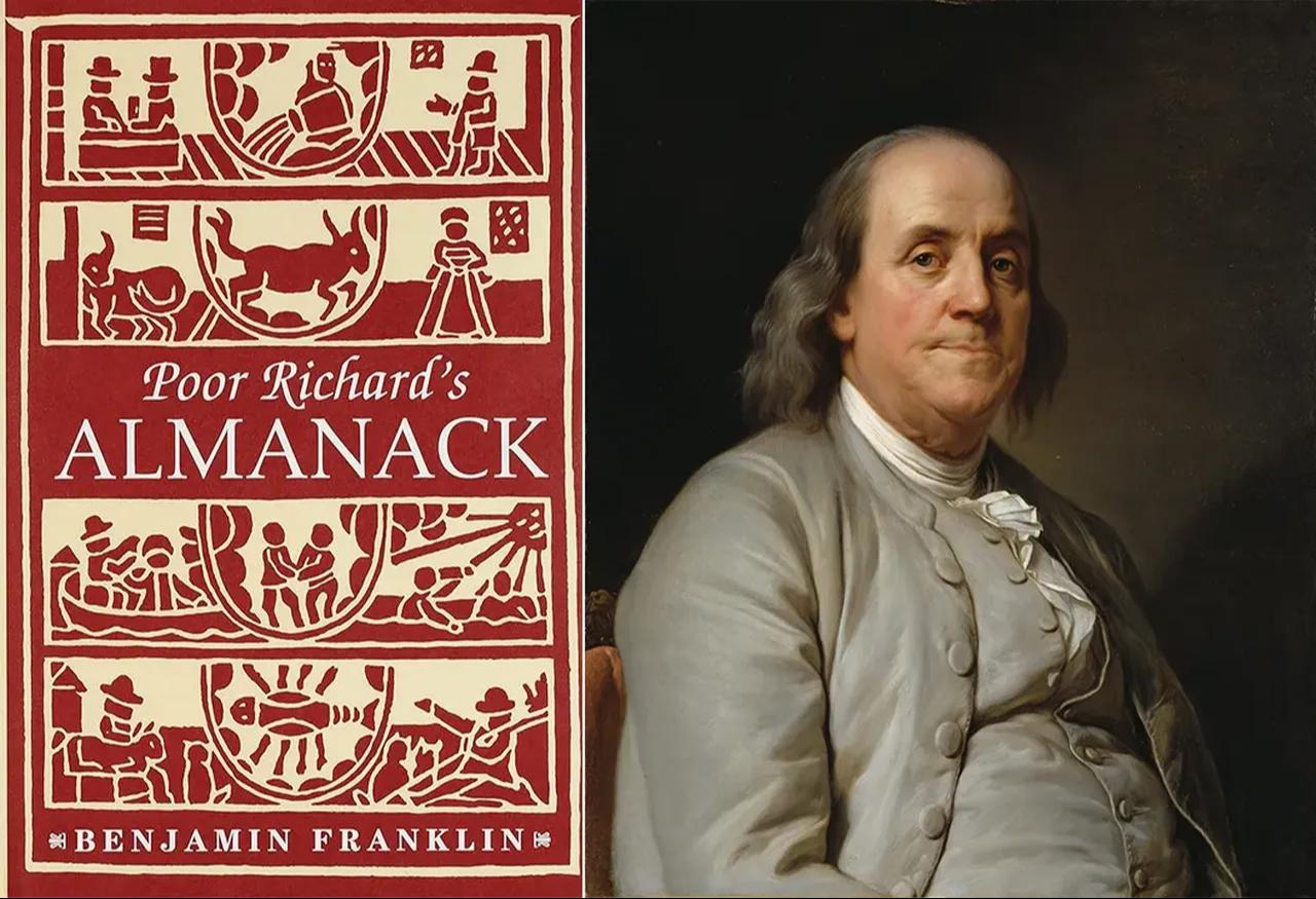 Benjamin Franklin and the cover of Poor Richard’s Almanack, where he published content related to astrology and almanac traditions. (Image via Türkiye daily)