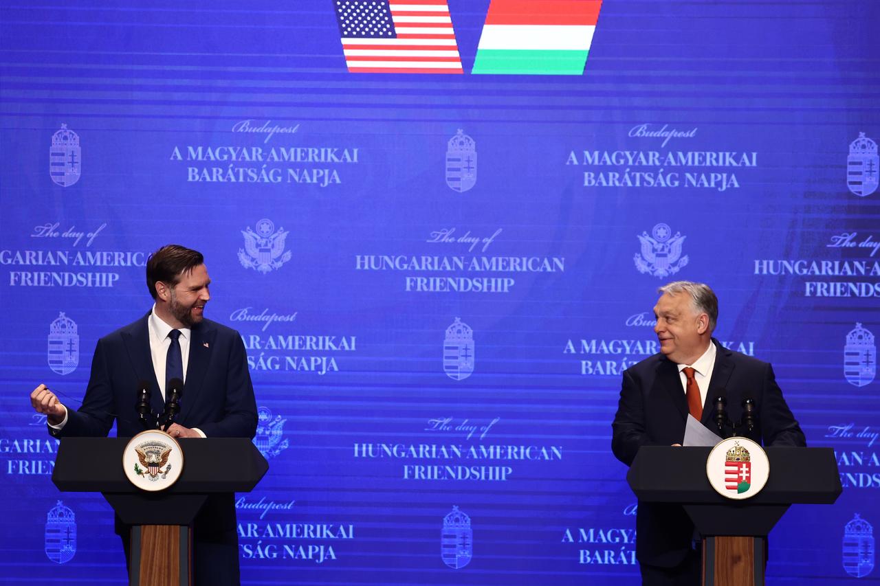 U.S. Vice President JD Vance (L) and Hungarian Prime Minister Viktor Orban (R) hold a joint press conference on April 7, 2026 in Budapest, Hungary. (AA Photo)
