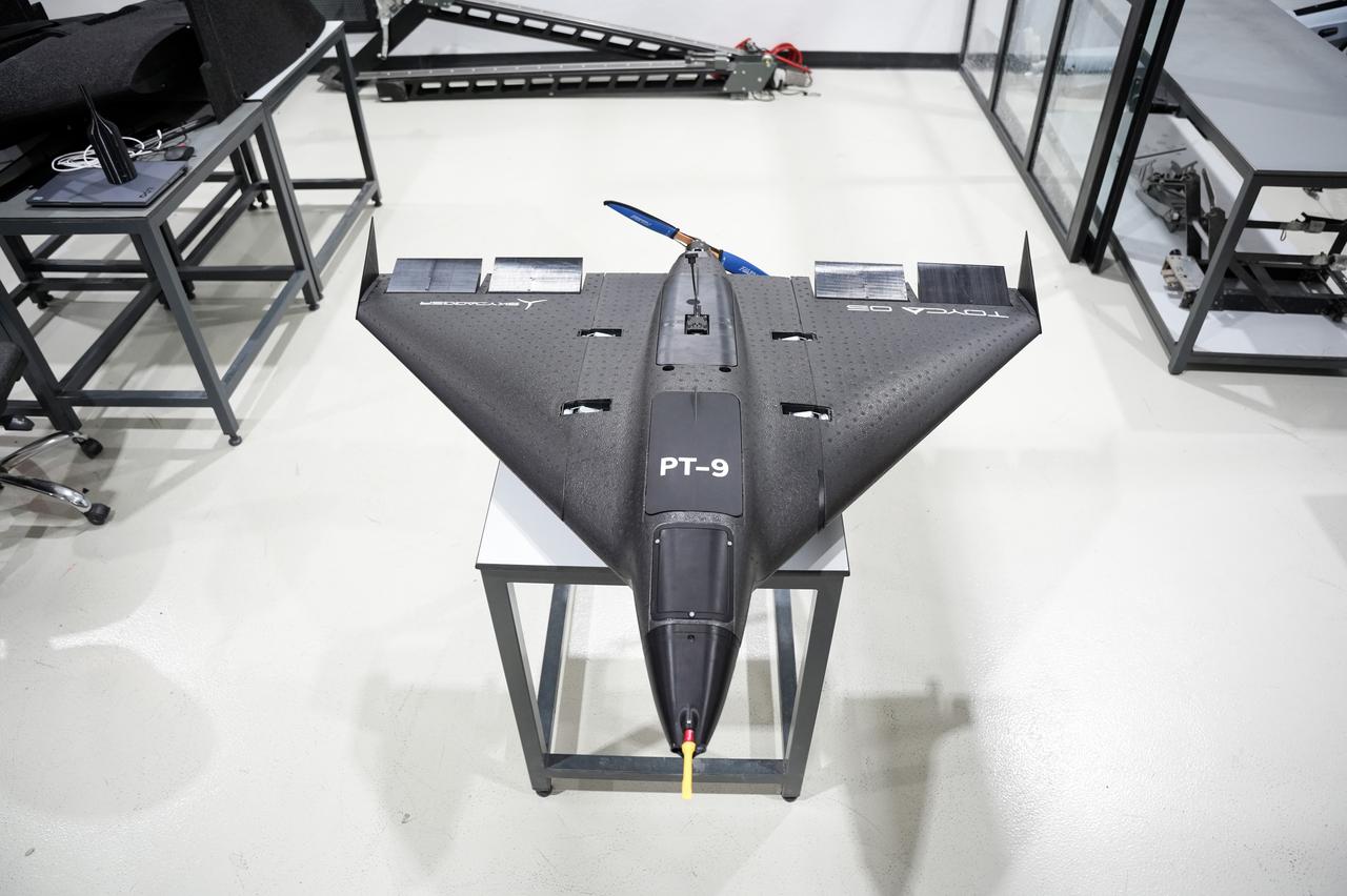 Skydagger's TOYCA RTF 05 fixed-wing kamikaze system is on display at the company's production facility at an undisclosed location, April 10, 2026. (IHA Photo)