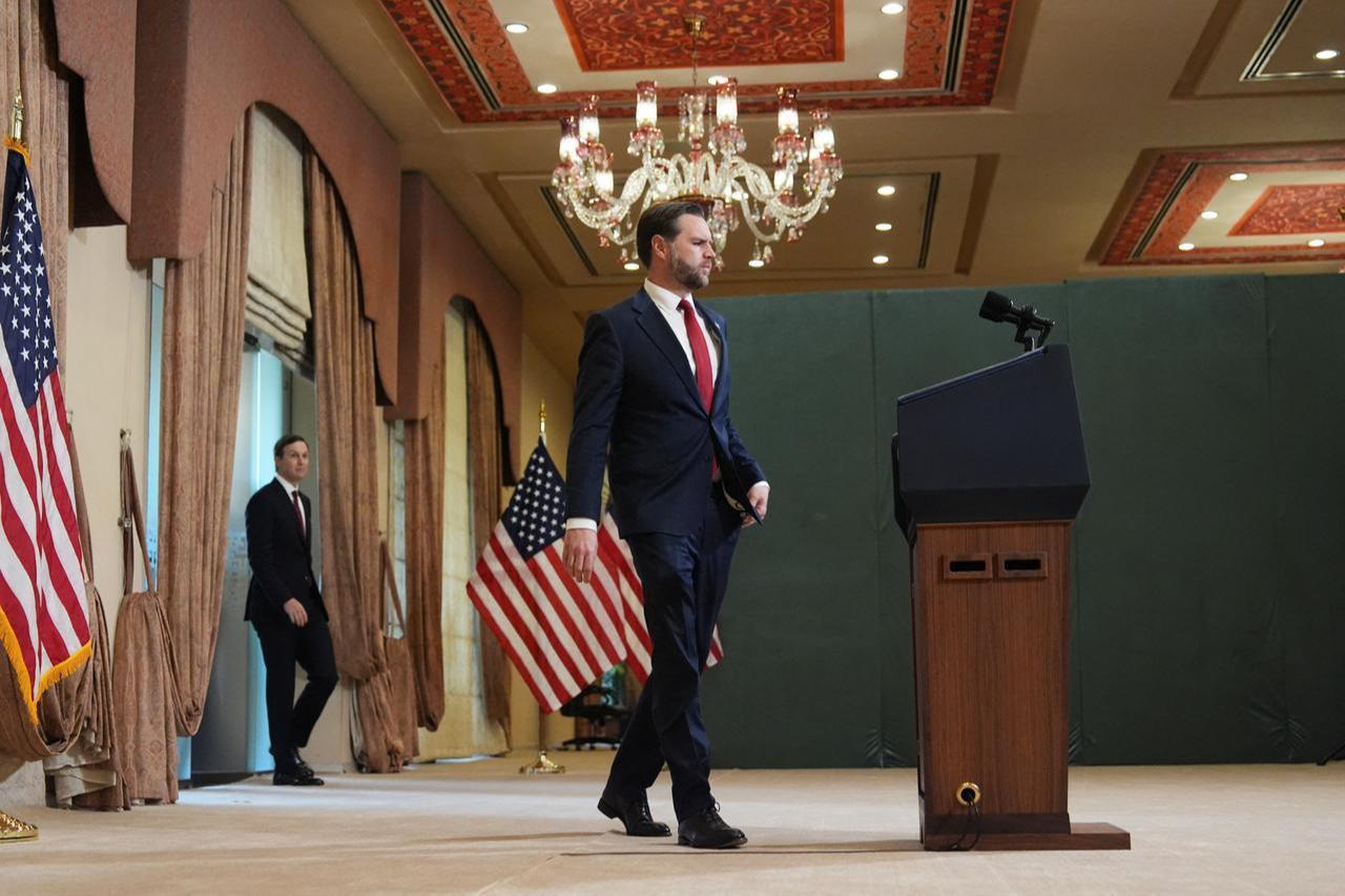 US Vice President JD Vance (R) arrives for a news conference after meeting with representatives from Pakistan and Iran, as US President Donald Trump's son-in-law Jared Kushner (L) follows behind, in Islamabad, April 12, 2026. (AFP Photo)