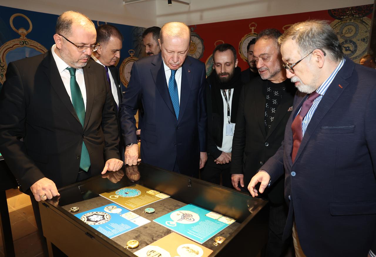 Turkish President Recep Tayyip Erdogan visits the “Magnificent Pocket Watch Collection” exhibition, curated by collector Mehmet Cebi (2nd R), at the Tophane-i Amire Culture and Arts Center in Istanbul, Türkiye, April 11, 2026. (AA Photo)