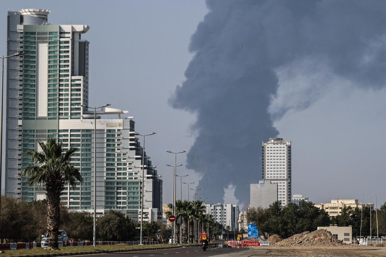 Smoke rises from the direction of an energy installation in the Gulf emirate of Fujairah on March 14, 2026. (AFP Photo)
