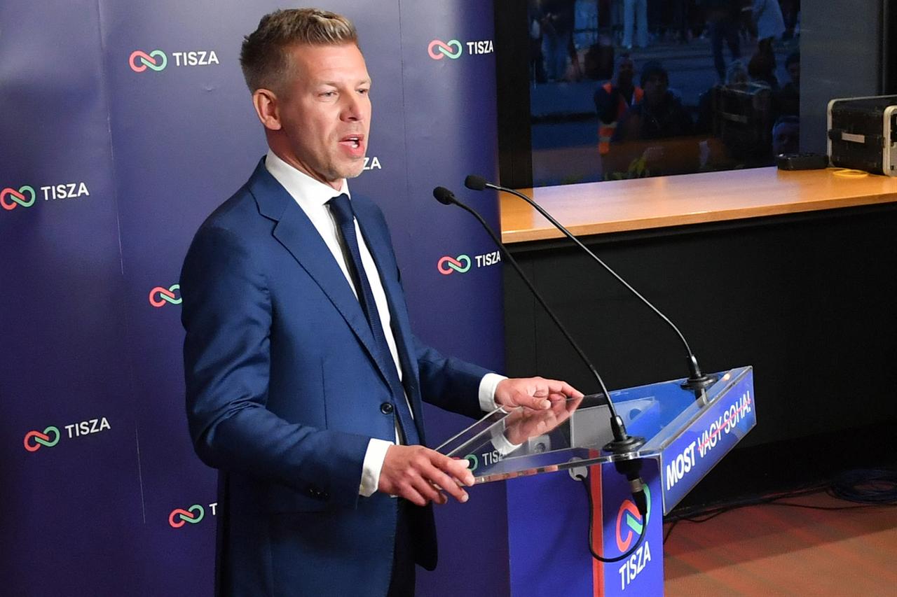 Peter Magyar, leader of the pro-European conservative TISZA party, makes a statement in Budapest during the general election in Hungary, on April 12, 2026. (AFP Photo)