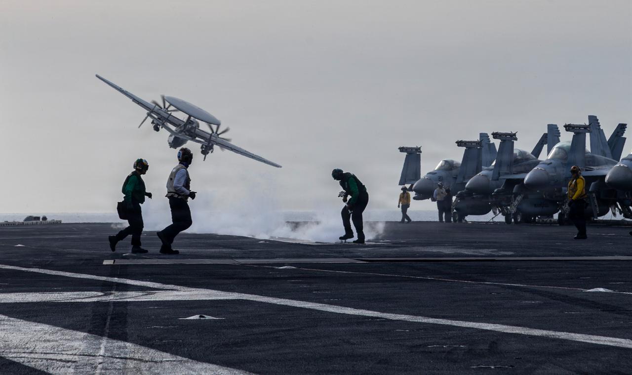 An E-2D Hawkeye launches from the flight deck of Nimitz-class aircraft carrier USS Abraham Lincoln (CVN 72) during Operation Epic Fury, March 31, 2026. (Photo via U.S. Navy)