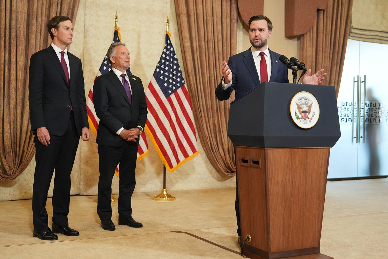 US Vice President J.D. Vance (R) speaks during a news conference after meeting with representatives from Pakistan and Iran, as US President Donald Trump's son-in-law Jared Kushner (L) and US Special Envoy to the Middle East Steve Witkoff (C) look on, in Islamabad on April 12, 2026. (AFP Photo)