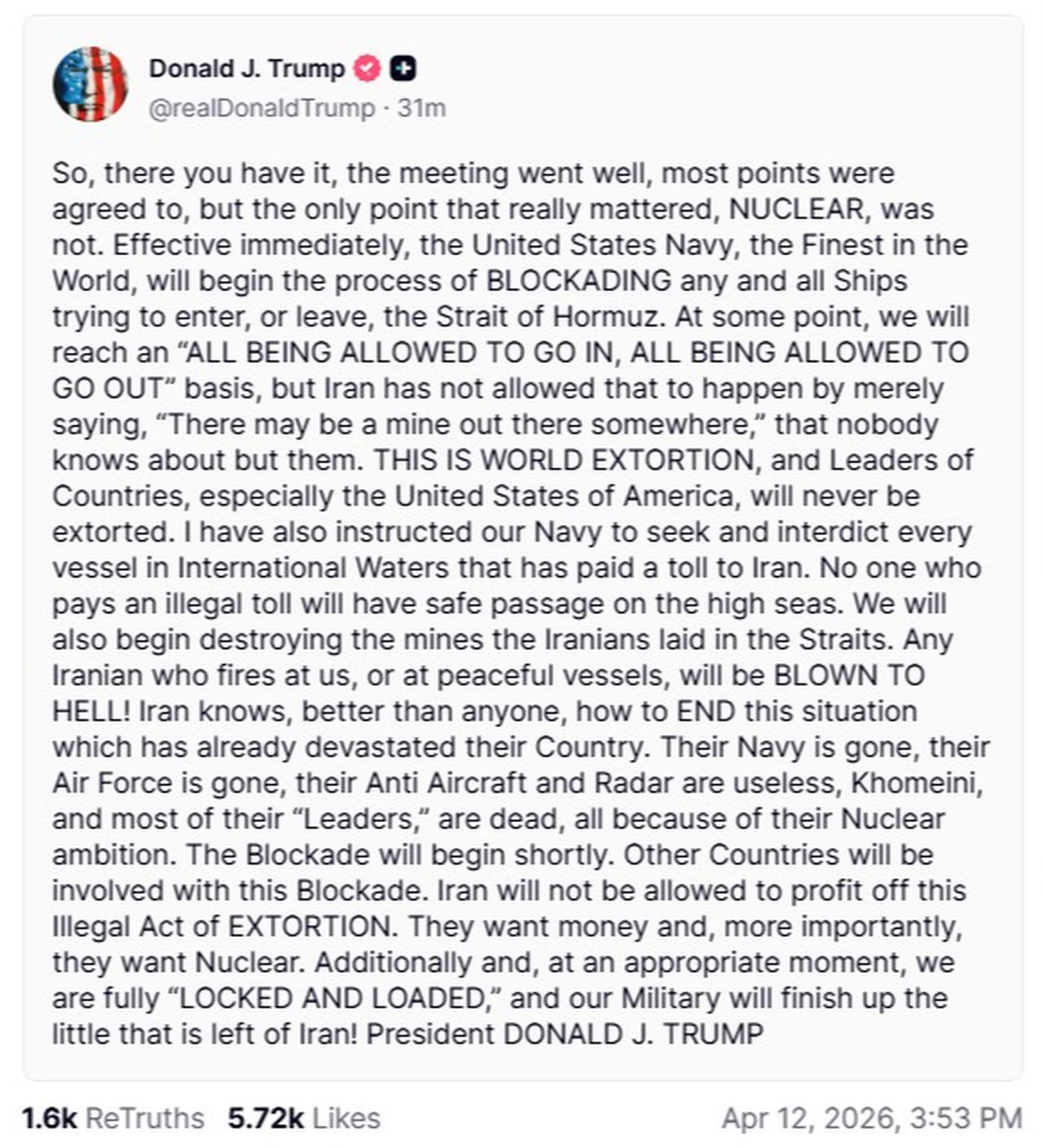 This screenshot show Trump's post on Truth Social, accessed on April 12, 2026.  (Photo via Truth Social)