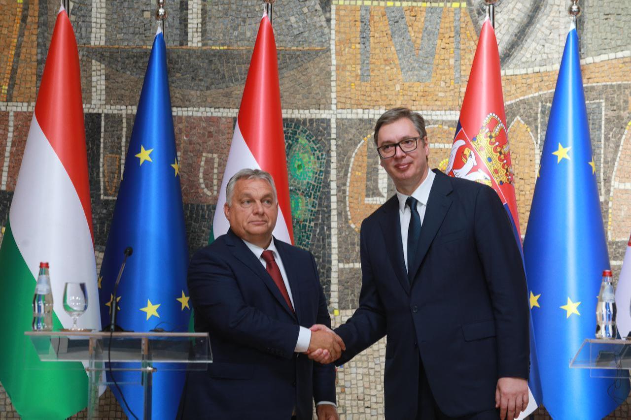 Serbian President Aleksandar Vucic (R) and Hungarian Prime Minister Viktor Orban (L) hold a joint press conference in Belgrade, Serbia on September 29, 2023. (AA Photo)