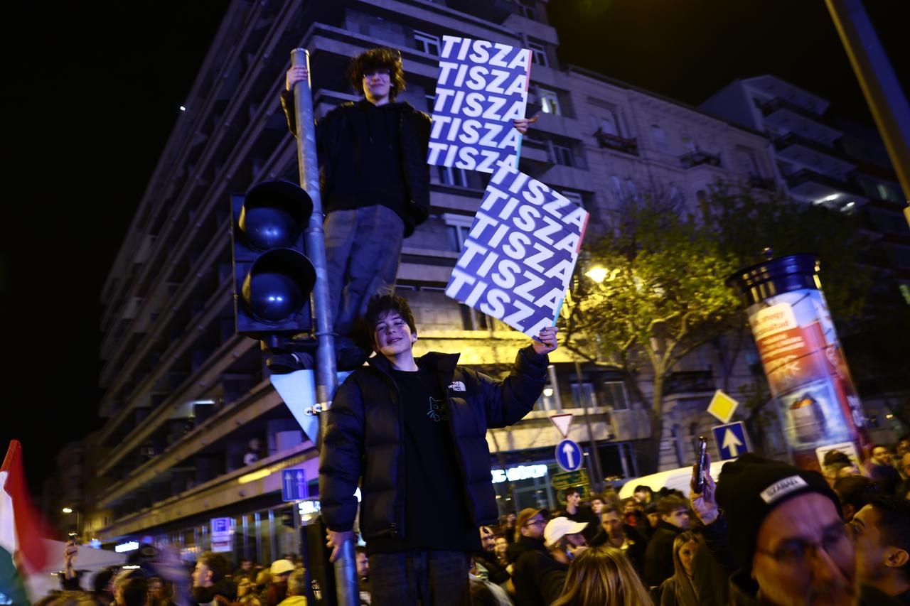 Supporters of the Respect and Freedom Party (Tisza) gather in Budapest, Hungary, on April 12, 2026, to celebrate the victory of their leader, Peter Magyar, in the general election. (AA Photo)