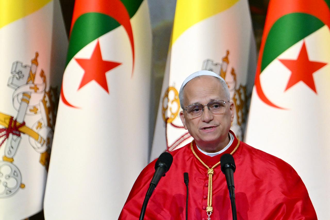 Pope Leo XIV addresses authorities, members of the civil society and the diplomatic corps  at the “Djamaa el Djazair” Conference Center in Algiers, Algeria on April 13, 2026. (AFP Photo)