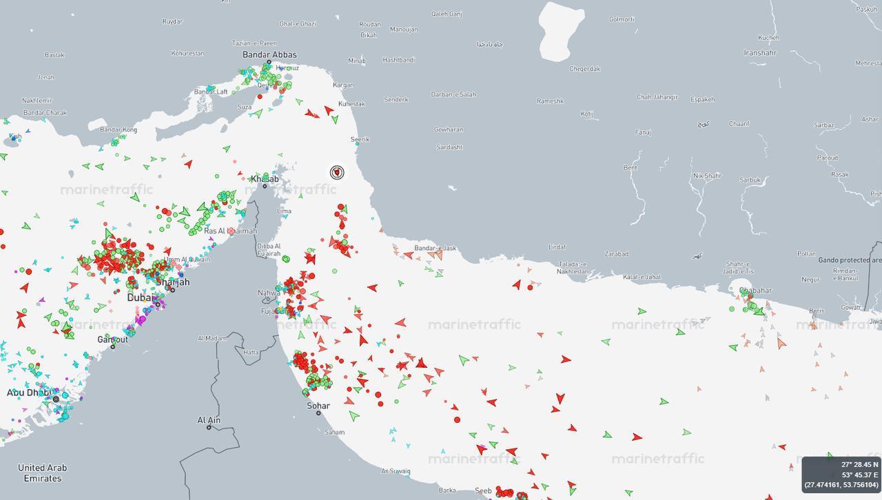 A live maritime map shows dense clusters of vessels around the Strait of Hormuz and nearby Gulf ports, April 13, 2026. (Image via MarineTraffic)
