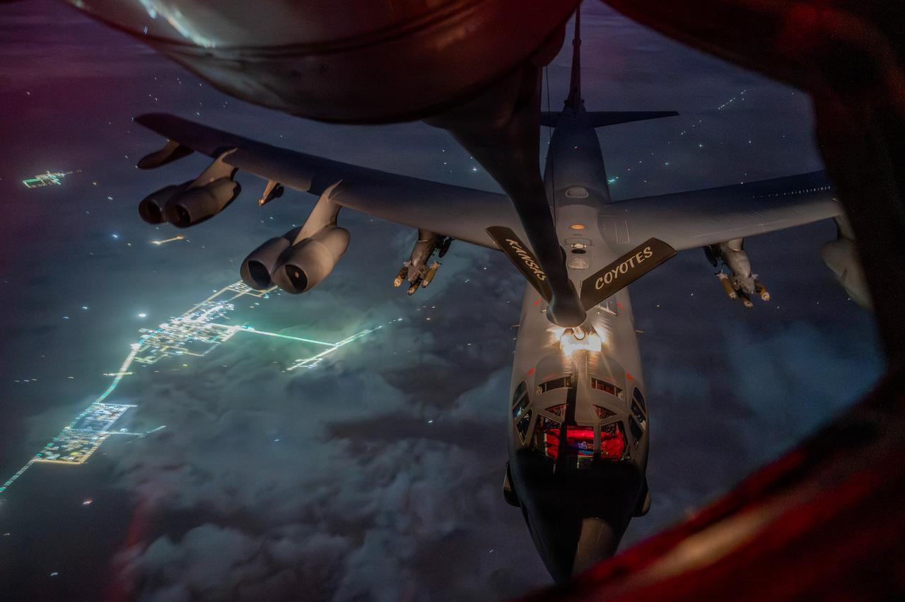 A U.S. Air Force B-52 Stratofortress receives refuel support from a KC-135 Stratotanker during Operation Epic Fury over the U.S. Central Command area of responsibility, March 26, 2026. (Photo via U.S. Air Force)