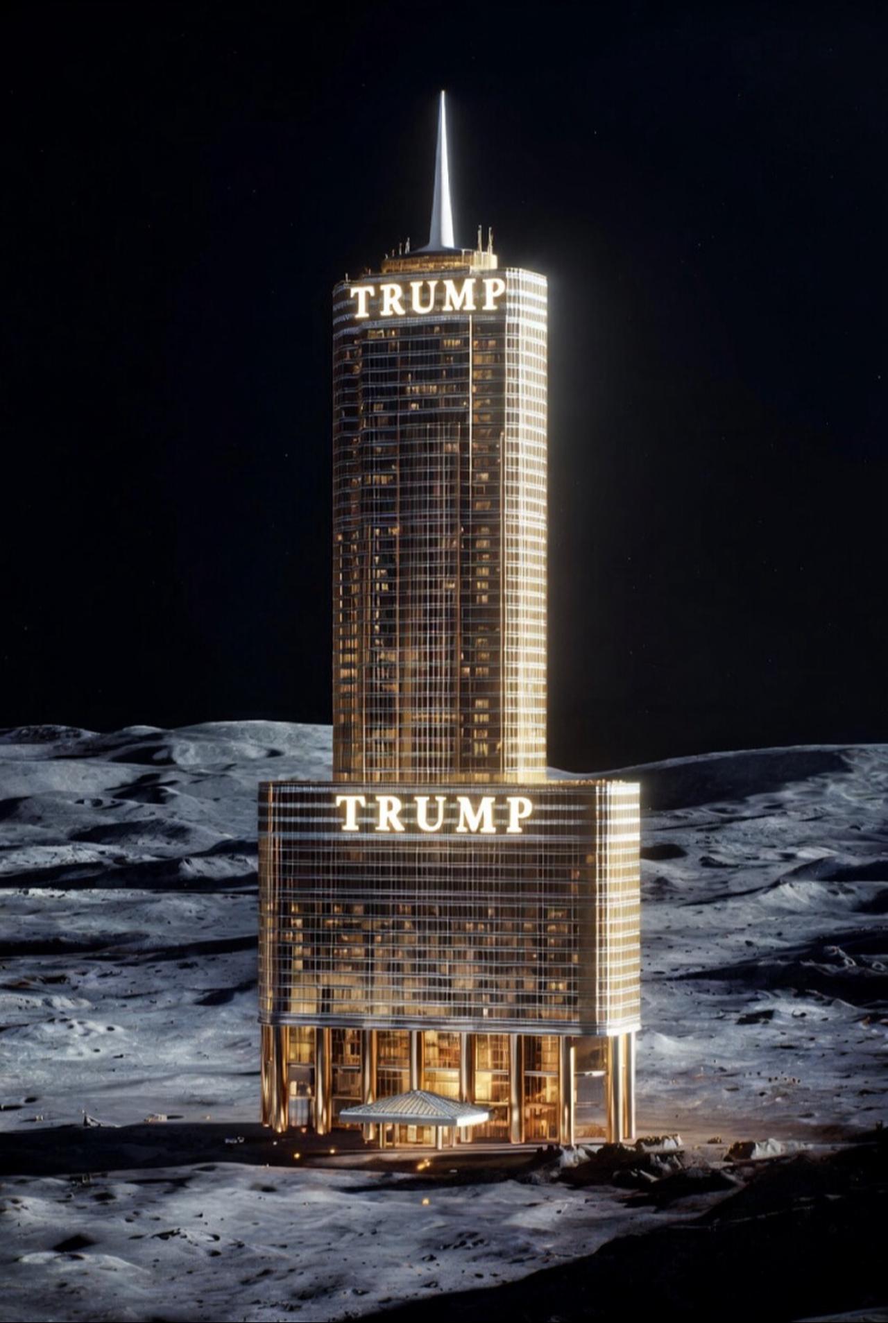 The AI image shows a tall illuminated building placed on the lunar surface beneath a dark sky, with the name “TRUMP” displayed on the structure, shared on April 12, 2026. (Photo via Truth Social/@realDonaldTrump)