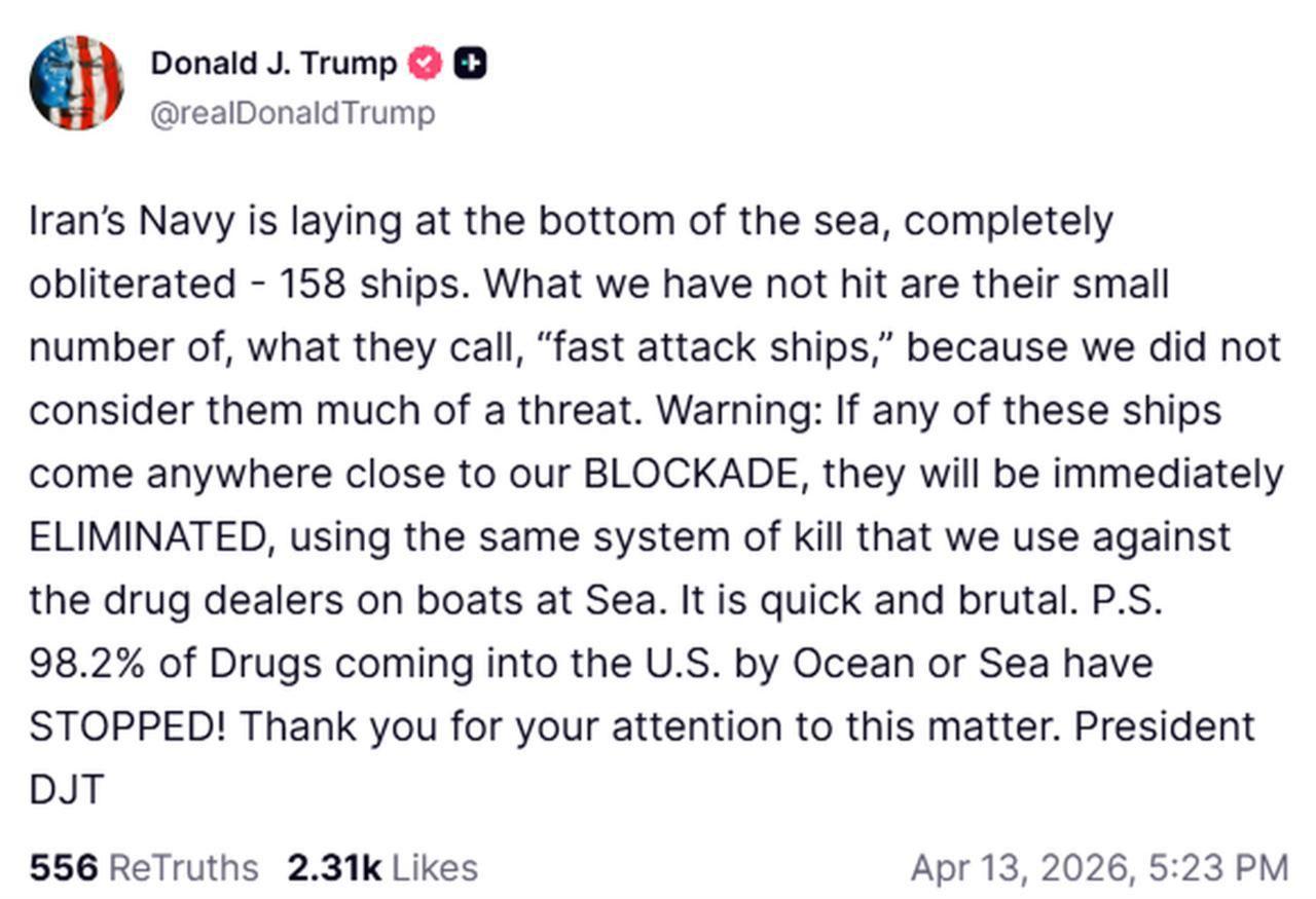 The U.S. President Donald Trump's post on Truth Social, April 13, 2026. (Photo via Truth Social)