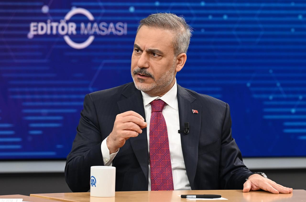 Turkish Foreign Minister Hakan Fidan speaking during Anadolu Agency's (AA) Editor Desk session on April 13, 2026. (AA Photo)