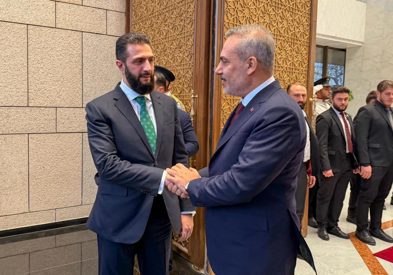 Turkish Foreign Minister Hakan Fidan meets with Syrian President Ahmad Al-Sharaa in Damascus, Syria, April 5, 2026. (Photo via Turkish Foreign Ministry)