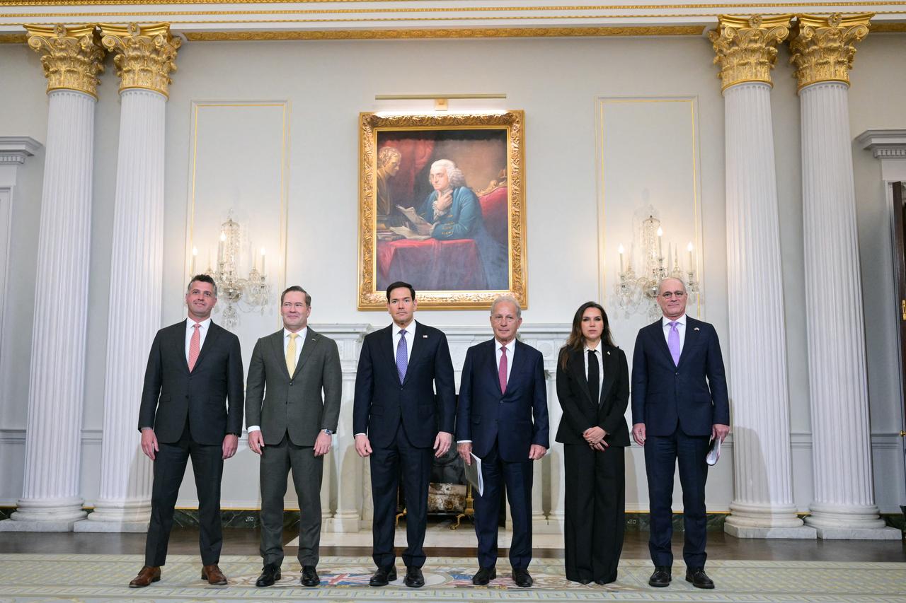 (L/R) US State Department Counselor Michael Needham, US Ambassador to the UN Mike Waltz, US Secretary of State Marco Rubio, US Ambassador to Lebanon Michel Issa, Lebanon's Ambassador to the US Nada Hamadeh Moawad, and Israeli Ambassador to the US Yechiel Leiter stand together before meeting at the State Department in Washington, DC, on April 14, 2026. (AFP Photo)
