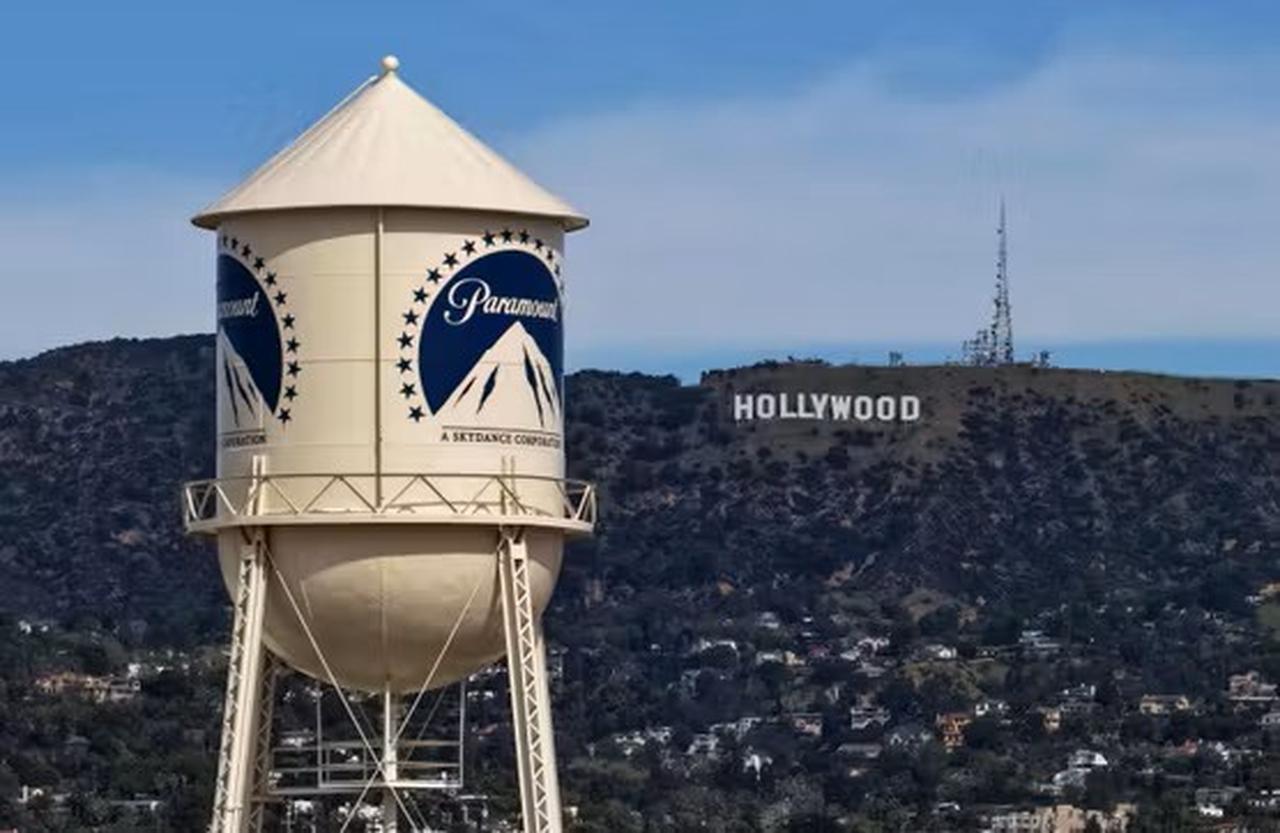 An aerial view of the Paramount logo on the water tower at Paramount Studios, in Los Angeles, California, February 23, 2026. (AFP Photo)