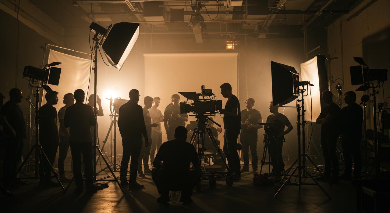 A film crew prepares a shoot on a studio set. (Adobe Stock Photo)