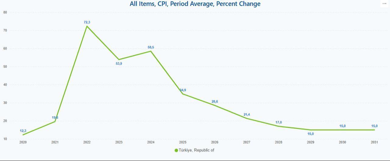 Line chart shows Türkiye’s annual inflation (CPI, period average) from 2020 to 2031, including forecasts. (Chart via IMF)