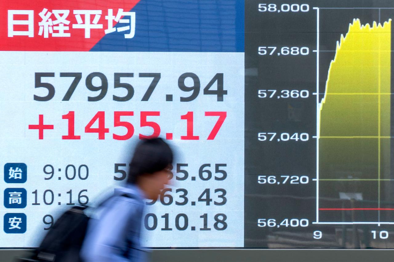 A man walks past an electronic quotation board displaying the Nikkei Stock Average on the Tokyo Stock Exchange along a street in Tokyo, April 14, 2026. (AFP Photo)