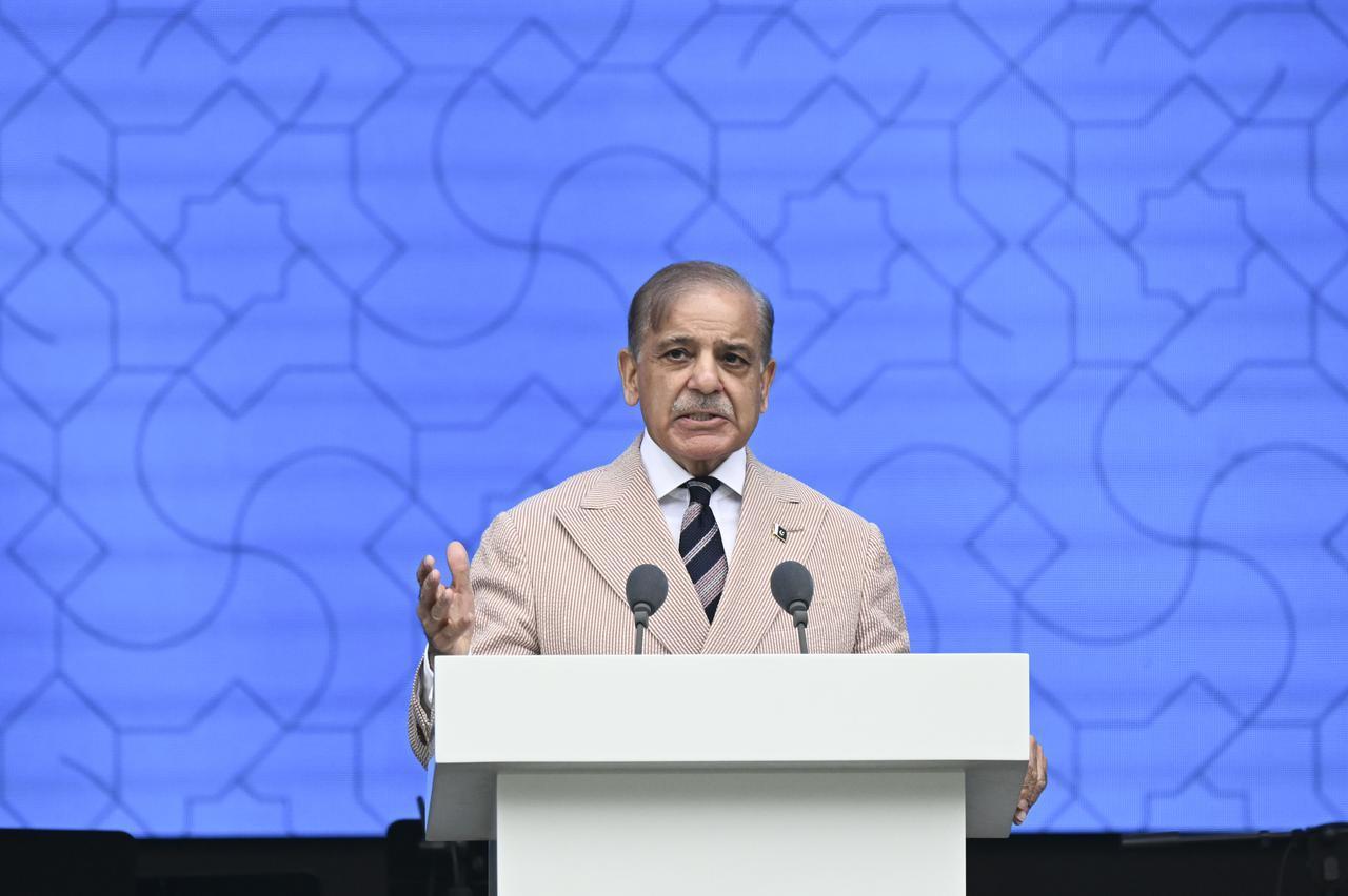 Pakistani Prime Minister Shehbaz Sharif makes a speech during the event held within Azerbaijan Independence Day in Lachin, Azerbaijan, on May 28, 2025. (AA Photo)