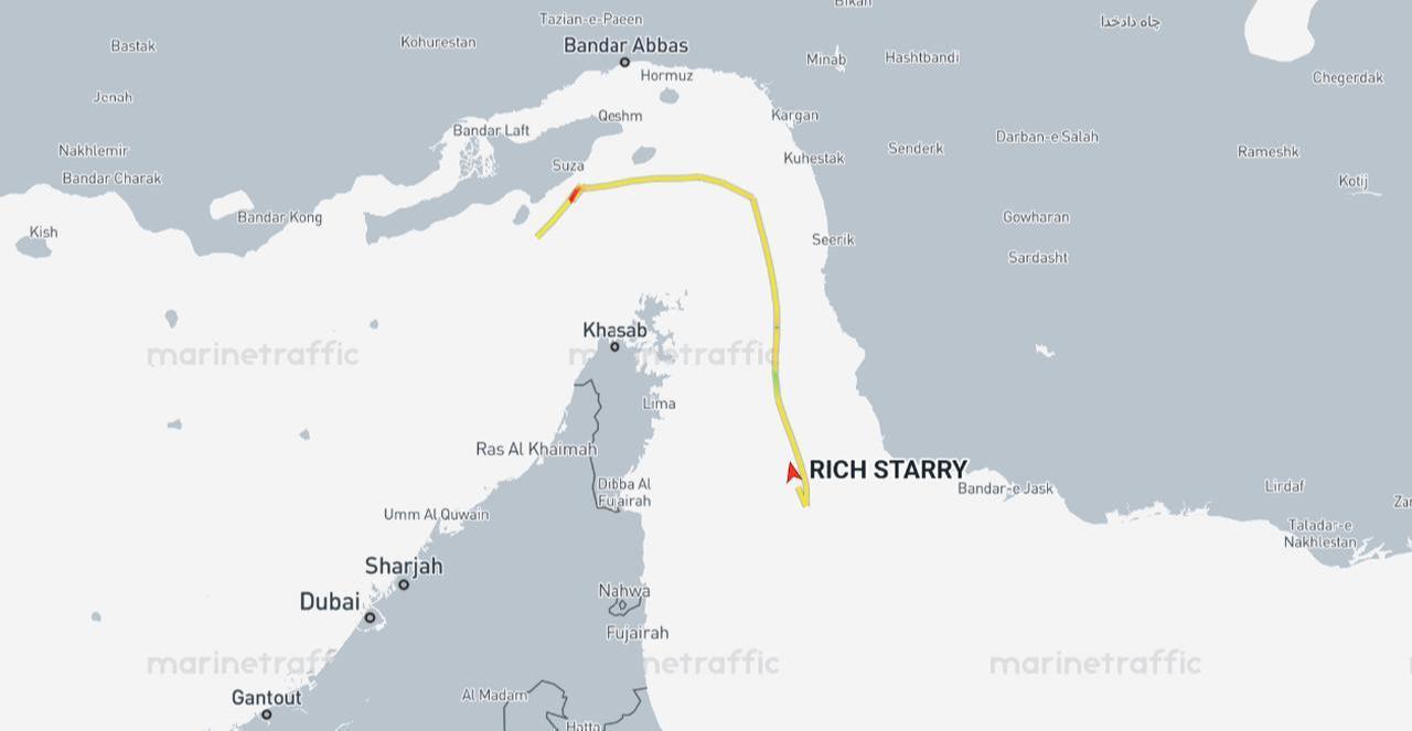 The map shows the approximate location of the Rich Starry, a medium-range tanker on April 14, 2026. (Photo via marinetraffic.com)
