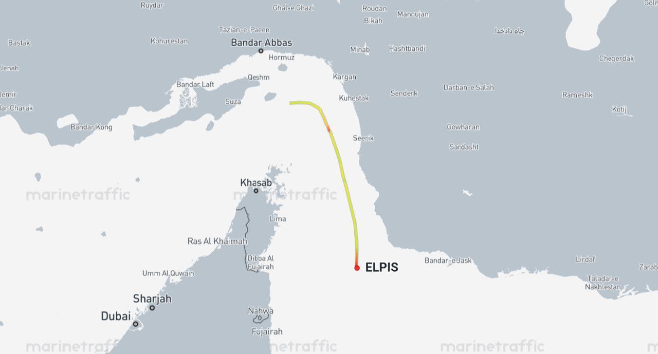 The map shows the approximate location of the Elpis, a methanol carrier on April 14, 2026. (Photo via marinetraffic.com)