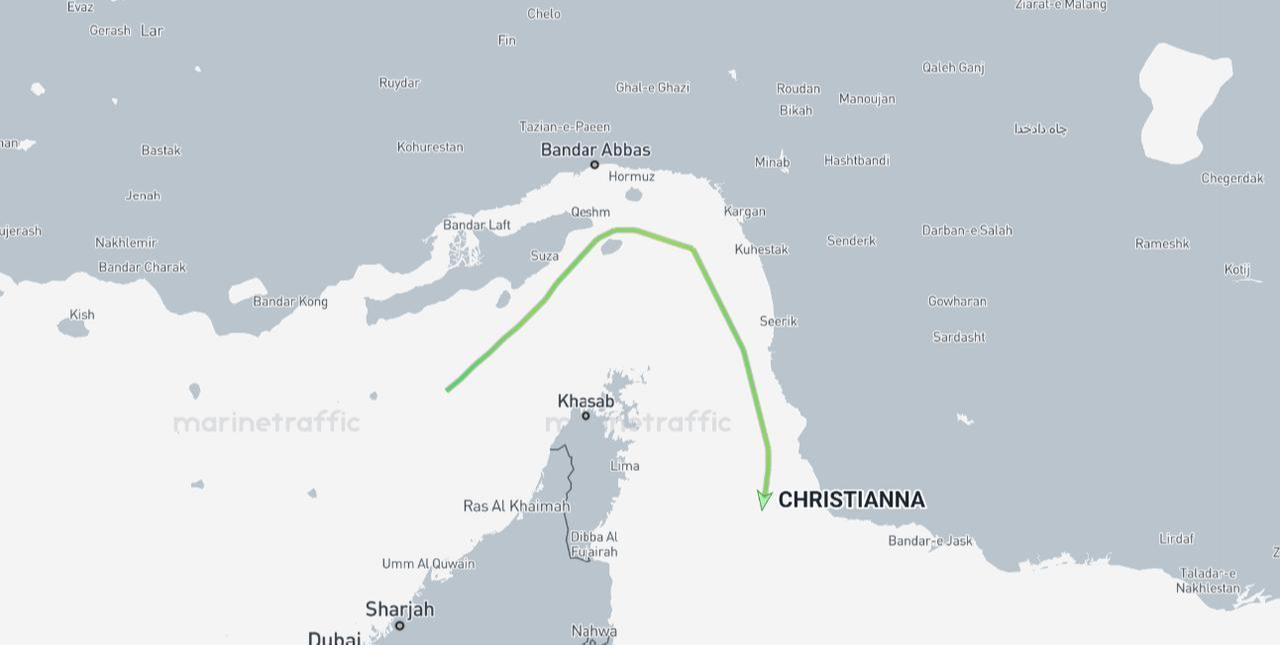 The map shows the approximate location of the Christianna, a Liberia-flagged cargo ship , on April 14, 2026. (Photo via marinetraffic.com)