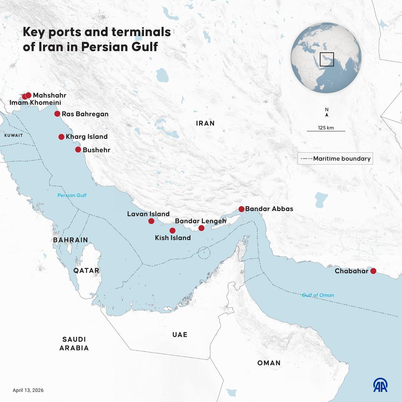 An infographic titled "Key ports and terminals of Iran in Persian Gulf" created in Ankara, Türkiye on April 13, 2026. (AA Infographic)