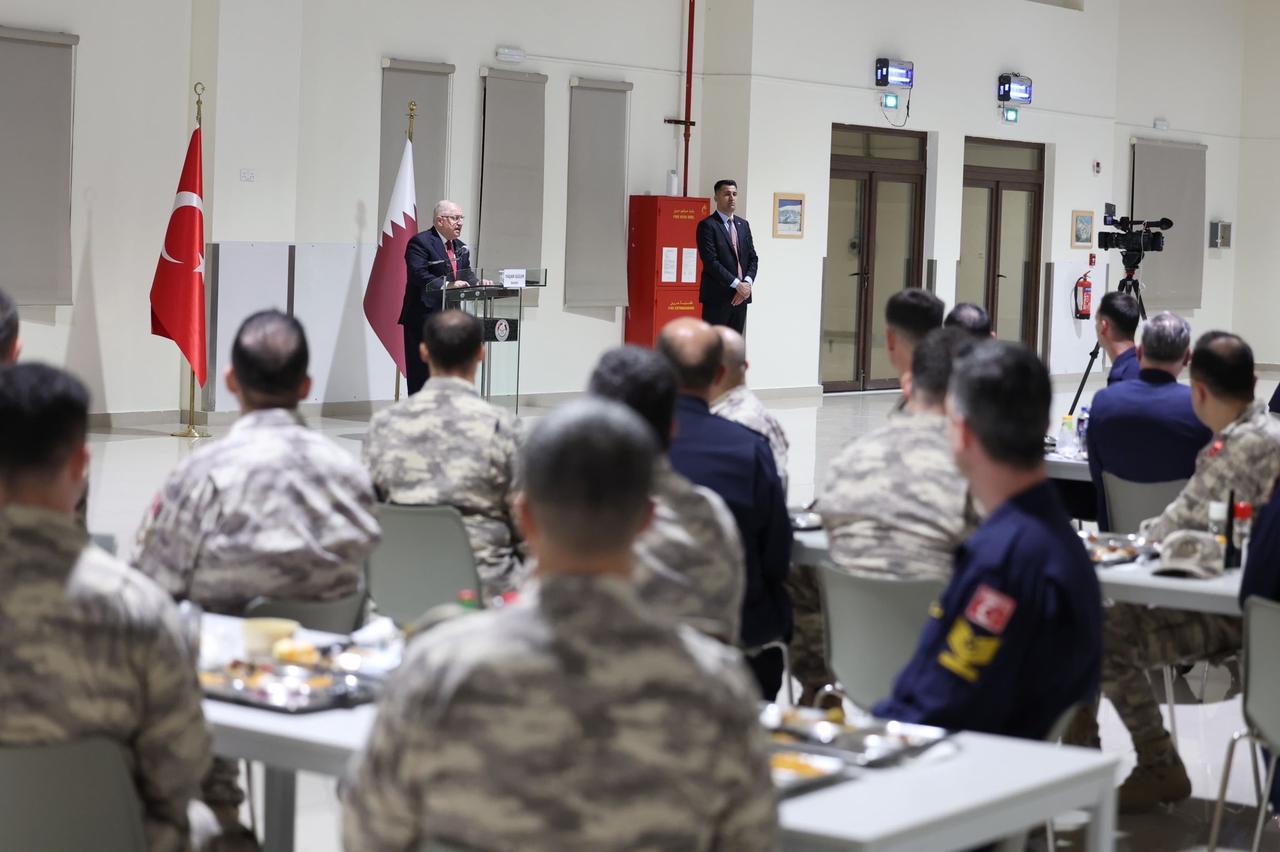 Turkish Defense Minister Yasar Guler speaks during a visit to the Turkish Joint Combined Force Command in Qatar on April 13, 2026. (AA Photo)