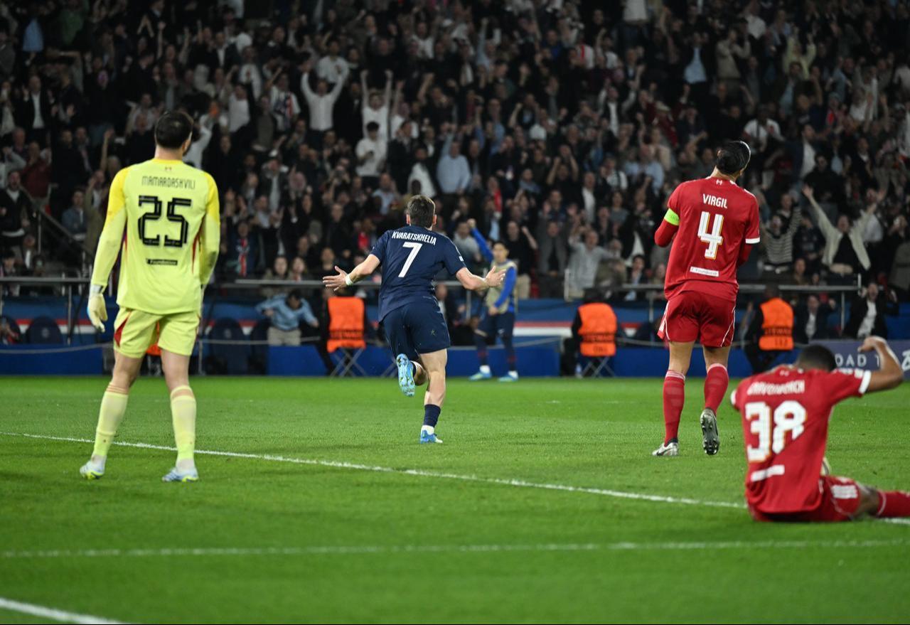 Khvicha Kvaratskhelia of PSG celebrates after a goal during the UEFA Champions League 2025/26 Quarter-Final First Leg match between Paris Saint-Germain and Liverpool FC at Parc des Princes in Paris, France, April 8, 2026. (AA Photo)
