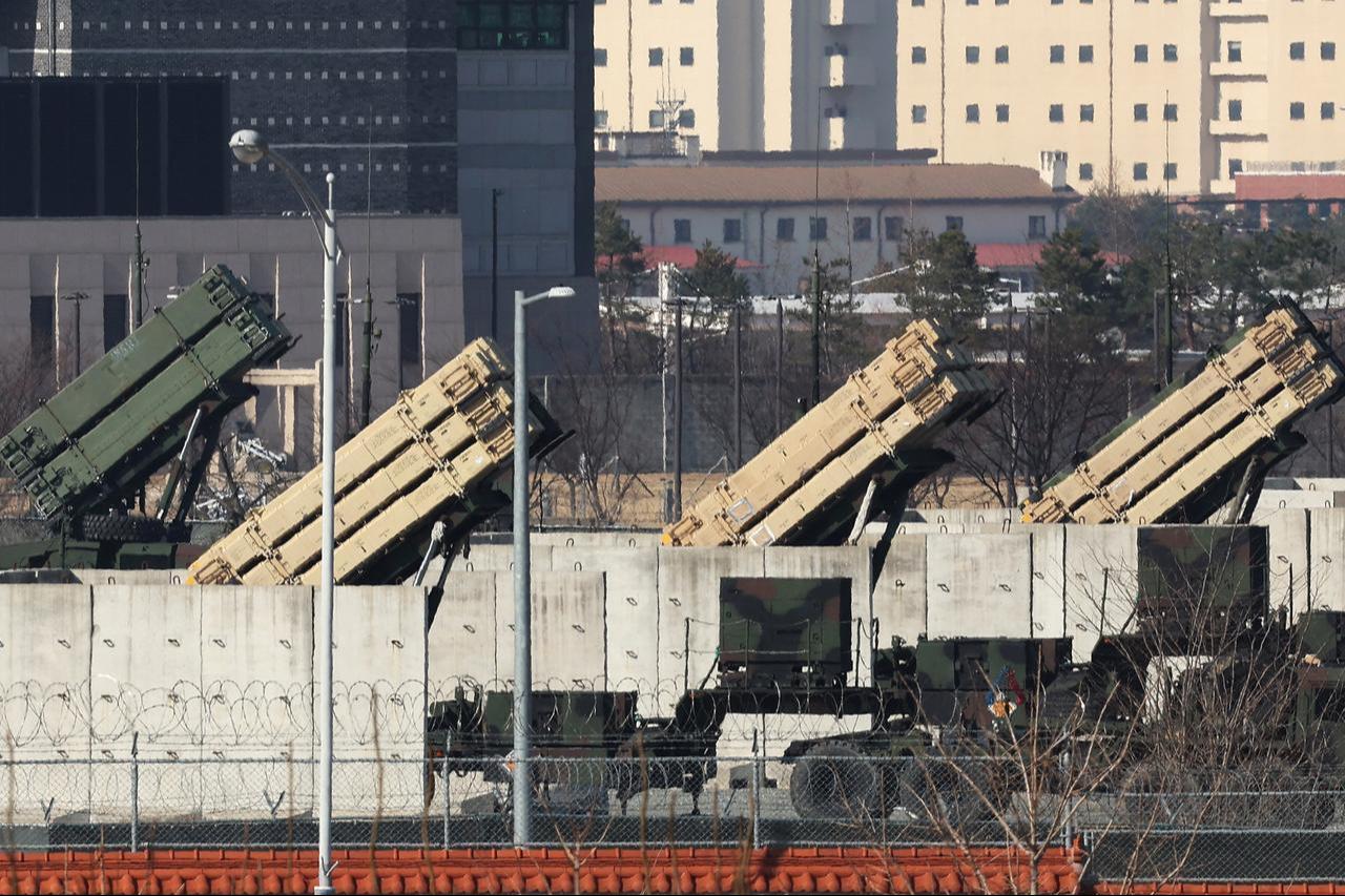 This picture, taken on March 8, 2026, shows Patriot missile launchers deployed at a US military base in Pyeongtaek, South Korea. (AFP Photo)