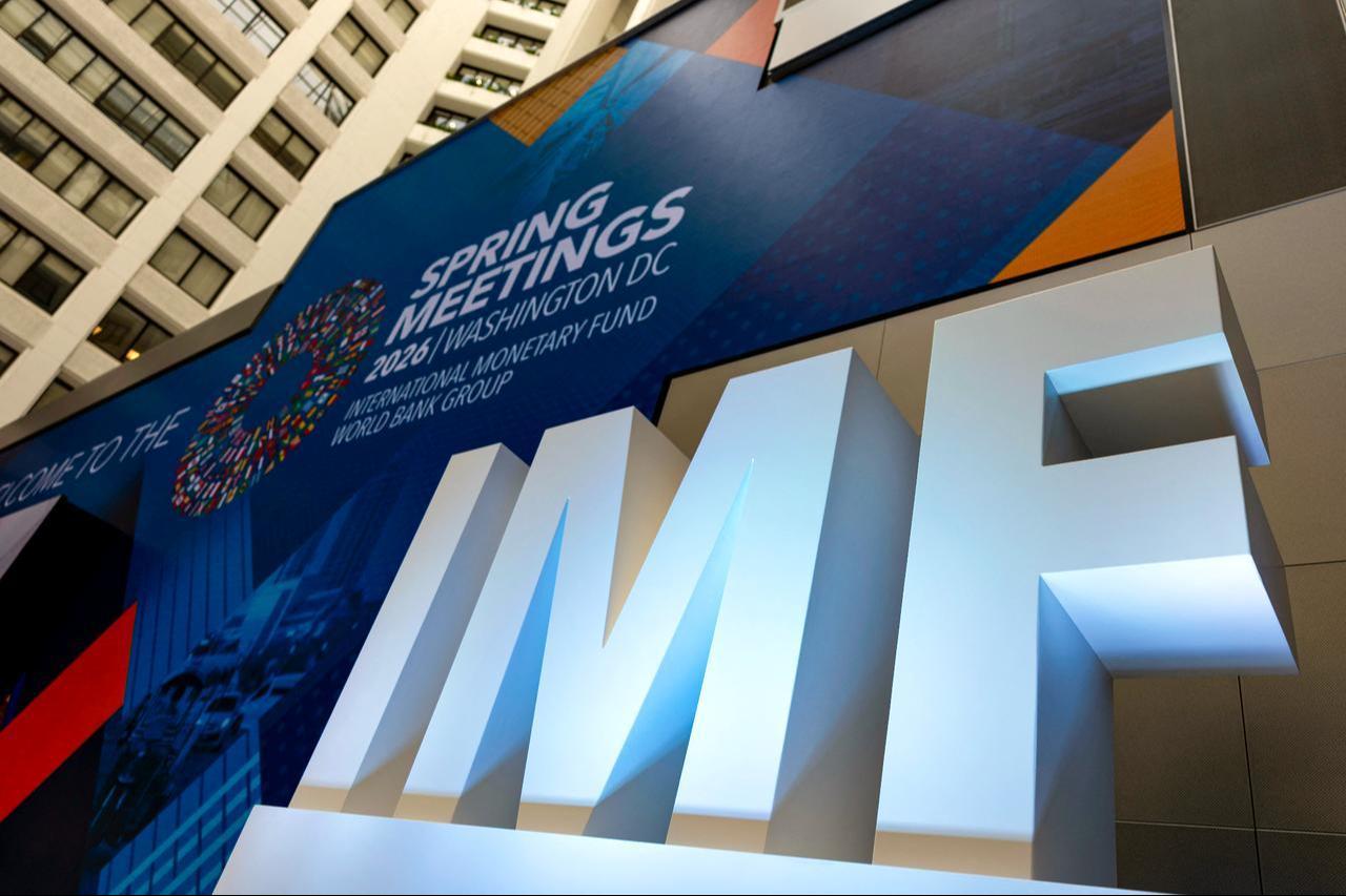 The stage in the atrium of the International Monetary Fund (IMF) headquarters is seen during the first day of the 2026 Spring Meetings of the IMF and the World Bank Group (WBG) in Washington, DC, on April 13, 2026. (AFP Photo)