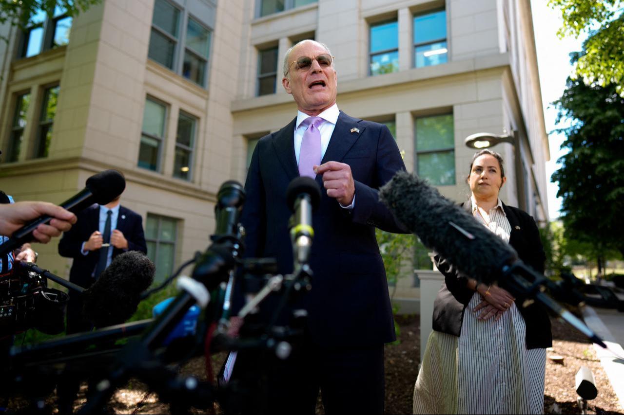 Israeli Ambassador to the U.S. Yechiel Leiter speaks to members of the media outside the U.S. State Department following working-level peace talks at the U.S. Nada Hamadeh in Washington, DC on April 14, 2026. (AFP Photo)