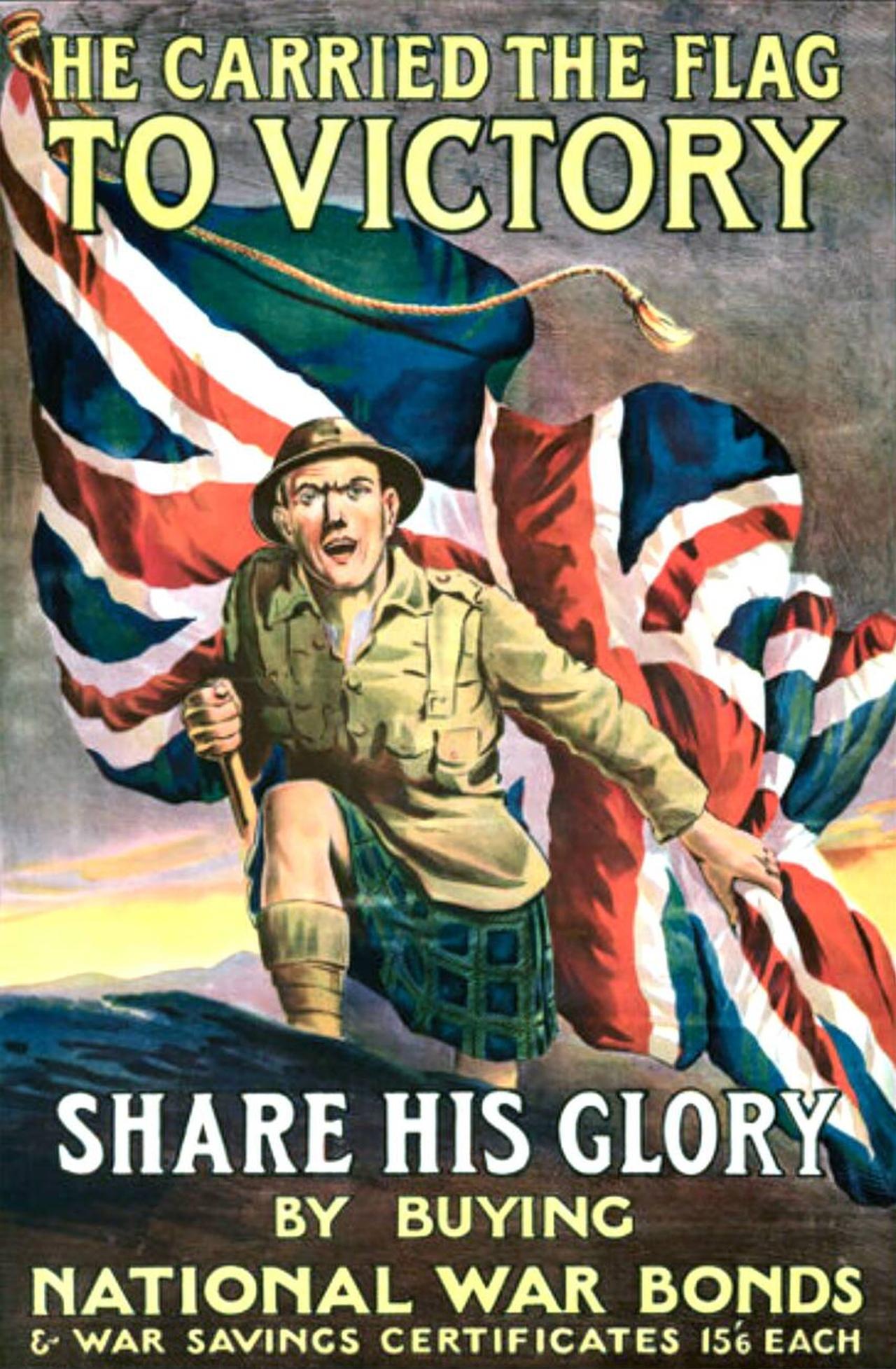 This 1918 poster by the Scottish War Savings Committee utilizes the heroic image of a kilted soldier to promote National War Bonds.