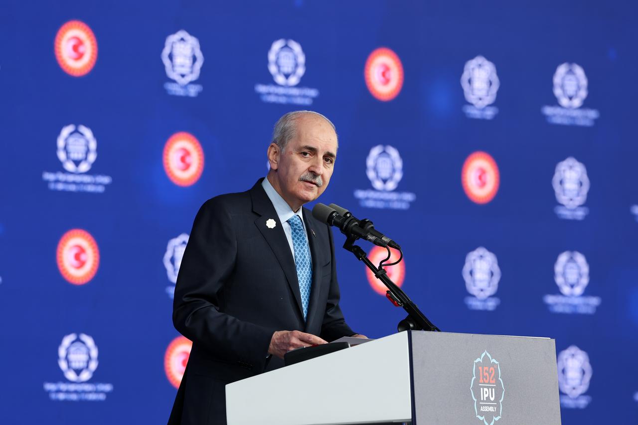 Speaker of the Turkish Grand National Assembly (TBMM) Numan Kurtulmus speaks during the 152nd General Assembly of the Inter-Parliamentary Union in Istanbul, Türkiye on April 16, 2026. (AA Photo)