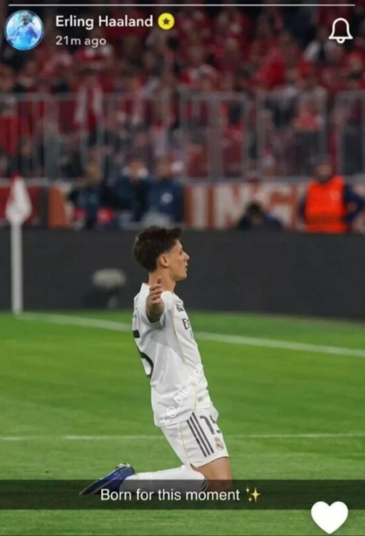 Arda Guler celebrates during Real Madrid’s clash with Bayern Munich, as Erling Haaland shares the moment on social media with the caption “Born for this moment.” (Photo via Snapchat/@erling)