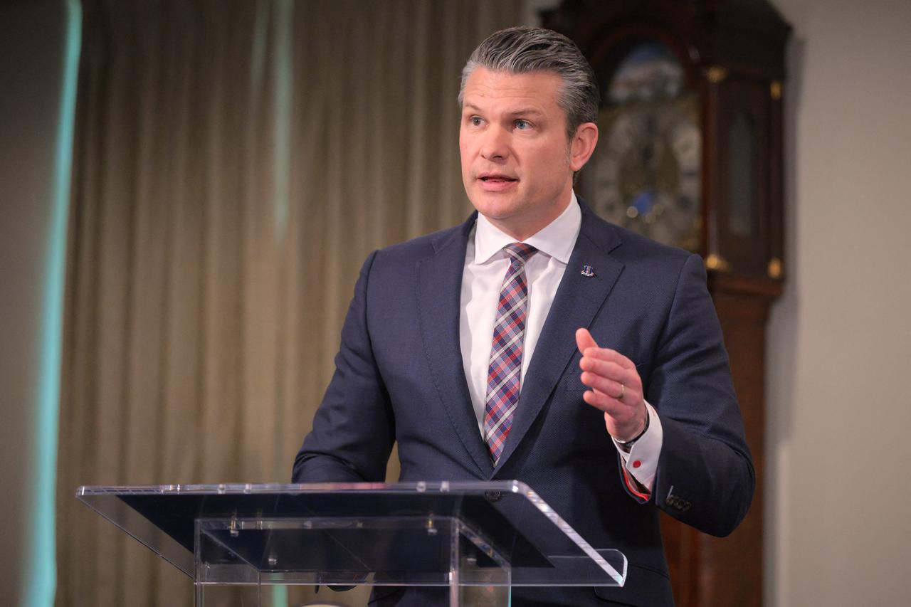 U.S. Secretary of War Pete Hegseth participates in a press availability with Indonesian Minister of Defense Sjafrie Sjamsoeddin at the Pentagon on April 13, 2026 in Arlington, Virginia. (AFP Photo)