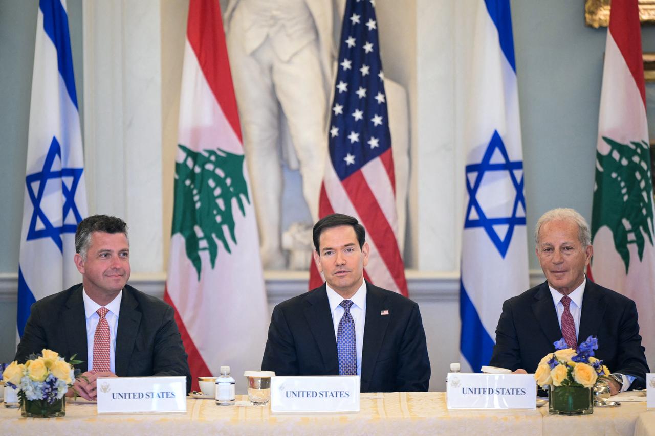 US Secretary of State Marco Rubio (C), alongside US State Department Counselor Michael Needham (L) and US Ambassador to Lebanon Michel Issa (R), speaks during a meeting with Lebanon's Ambassador to the US Nada Hamadeh Moawad (out of frame) and Israeli Ambassador to the US Yechiel Leiter (out of frame) at the State Department in Washington, DC, April 14, 2026. (AFP Photo)
