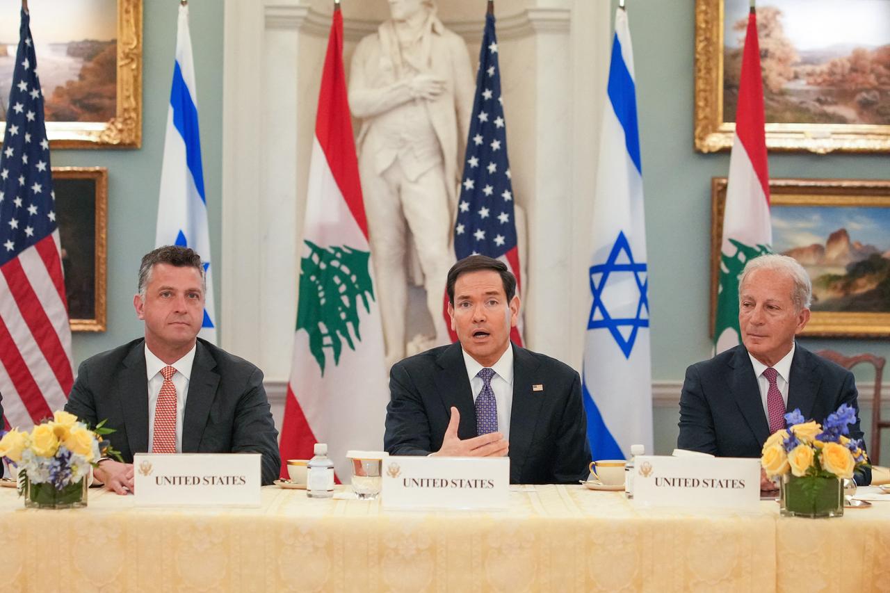 U.S. Secretary of State Marco Rubio (C) delivers remarks alongside Counselor of U.S. State Department Michael Needham (L) and U.S. Ambassador to Lebanon Michel Issa (R) during working-level peace talks, April 14, 2026 in Washington, DC. (AFP Photo)